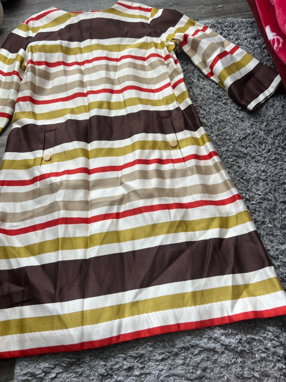J McLaughlin Striped Shift Dress Red Green Brown 3/4 Sleeve Pockets Size 12 - Picture 8 of 12